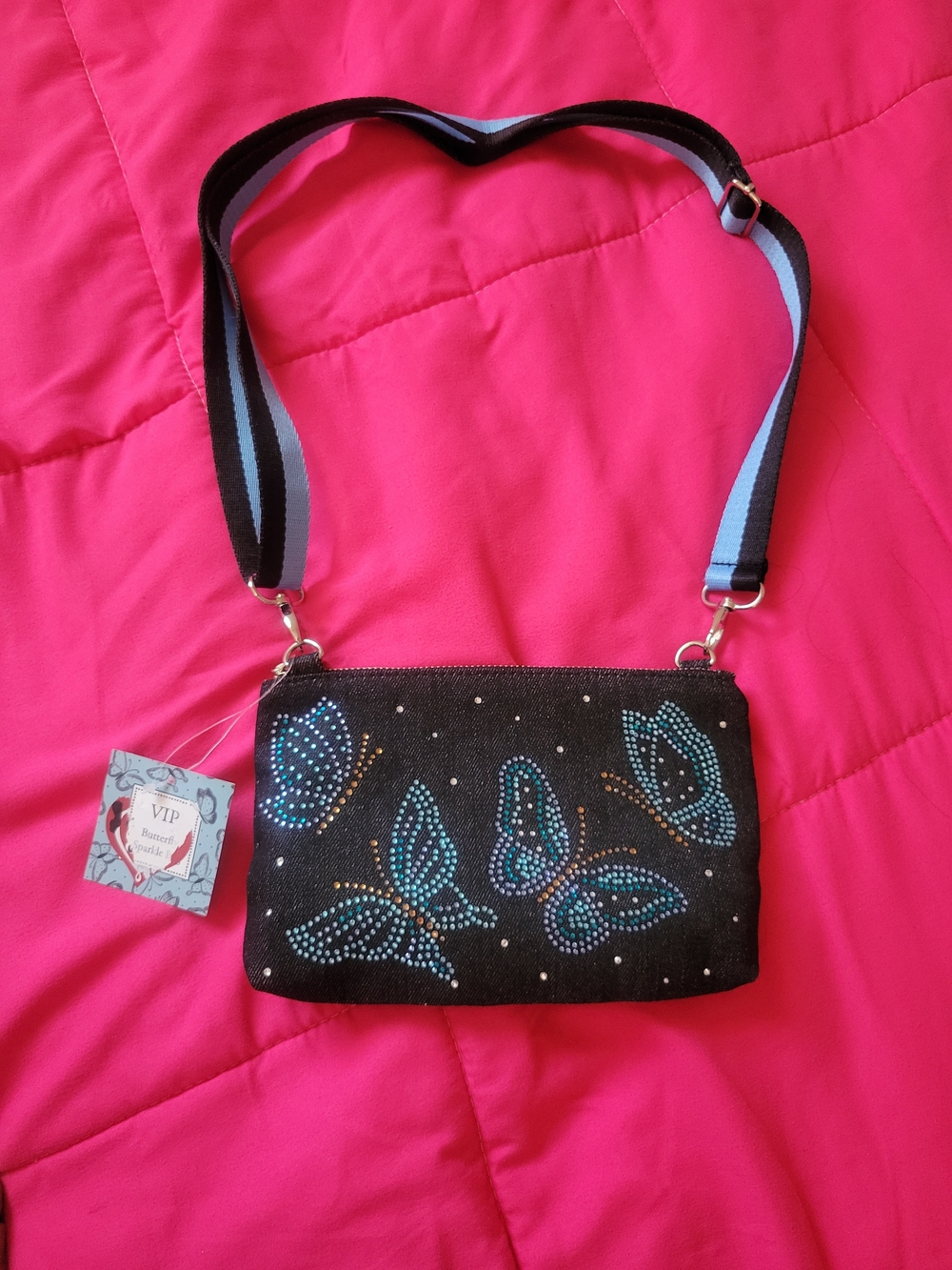 Denim Blue Butterfly Crossbody Bag with Blue Accents